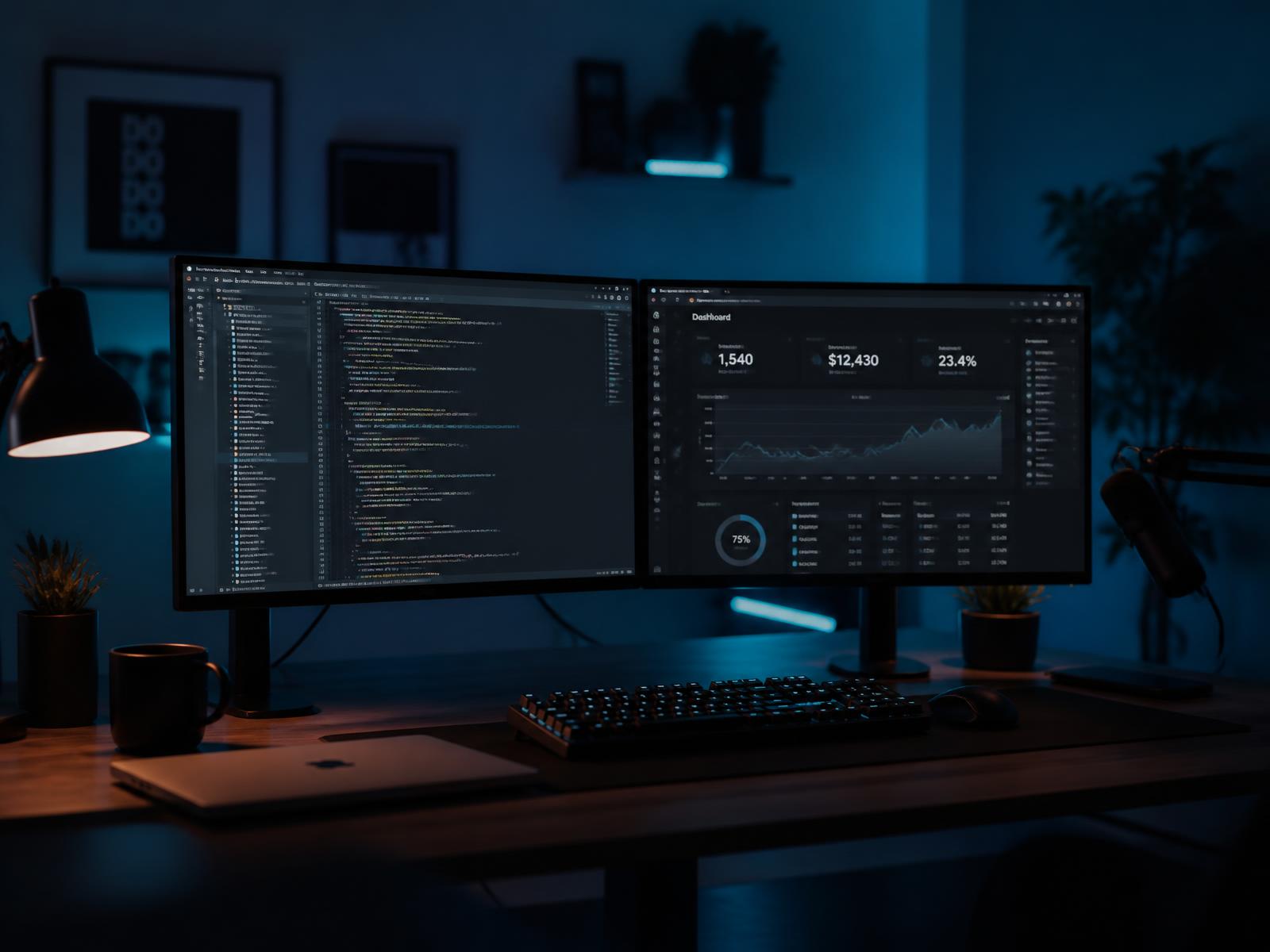 Poste de développement avec code et tableau de bord